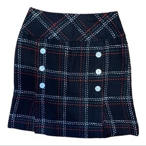 Tweed Navy Plaid Knee length Skirt with Buttons-8